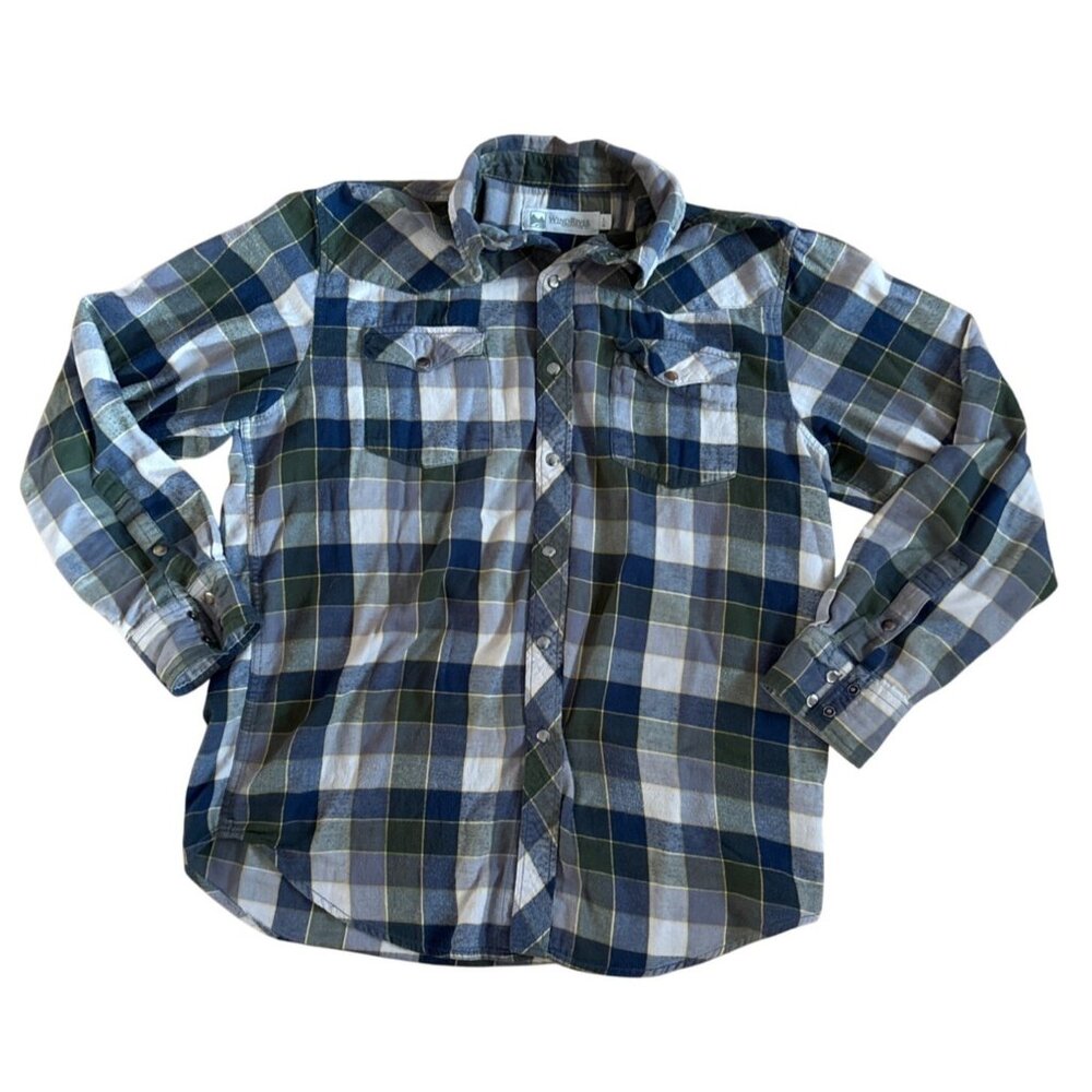 Wind River Shirt Mens Lrg Green Blue Plaid Button-Up Long Sleeve Western Pockets